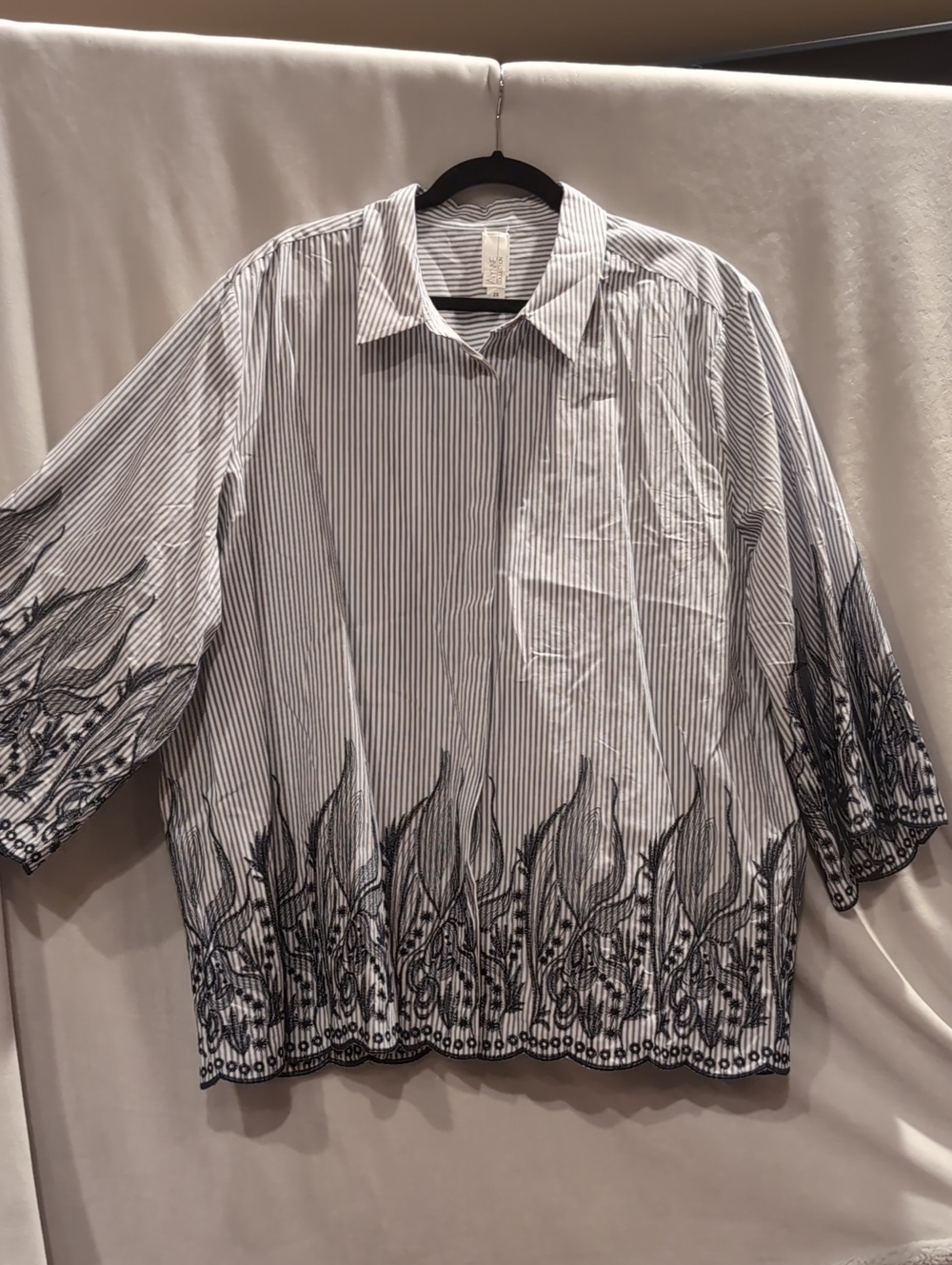 Marla Wynne Striped Button-Front Blouse with Floral Border 2X